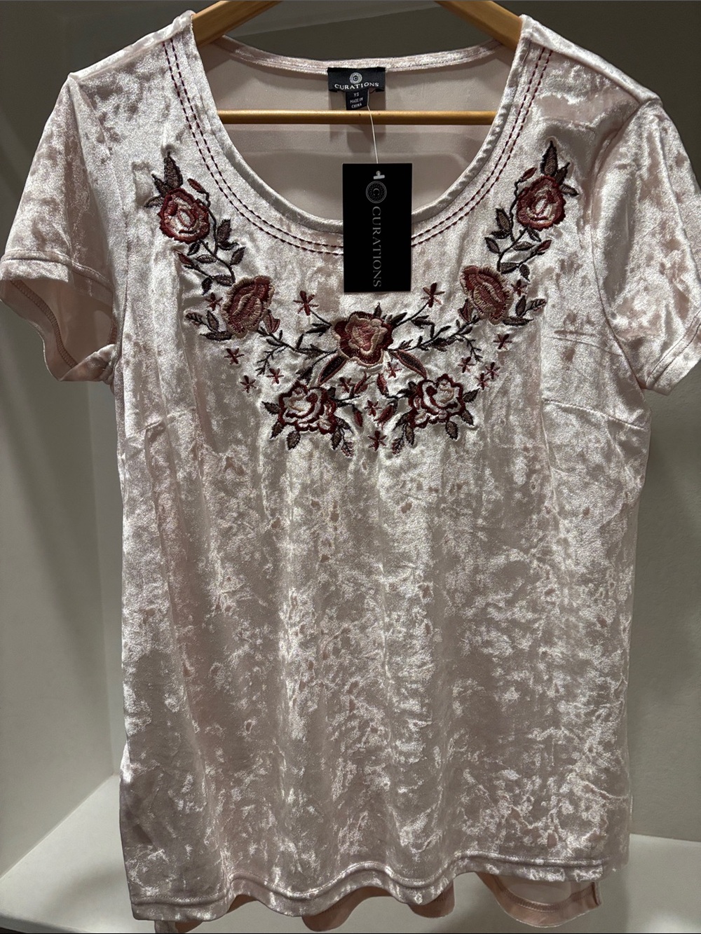 Curations Pink Velvet Short Sleeve Top with Floral Embroidery